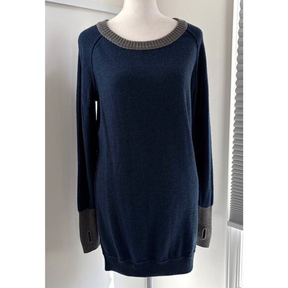 Stio Merino Wool Large Navy Blue Gray Sweater Ribbed Cuff Longer Length Warm - Picture 1 of 8
